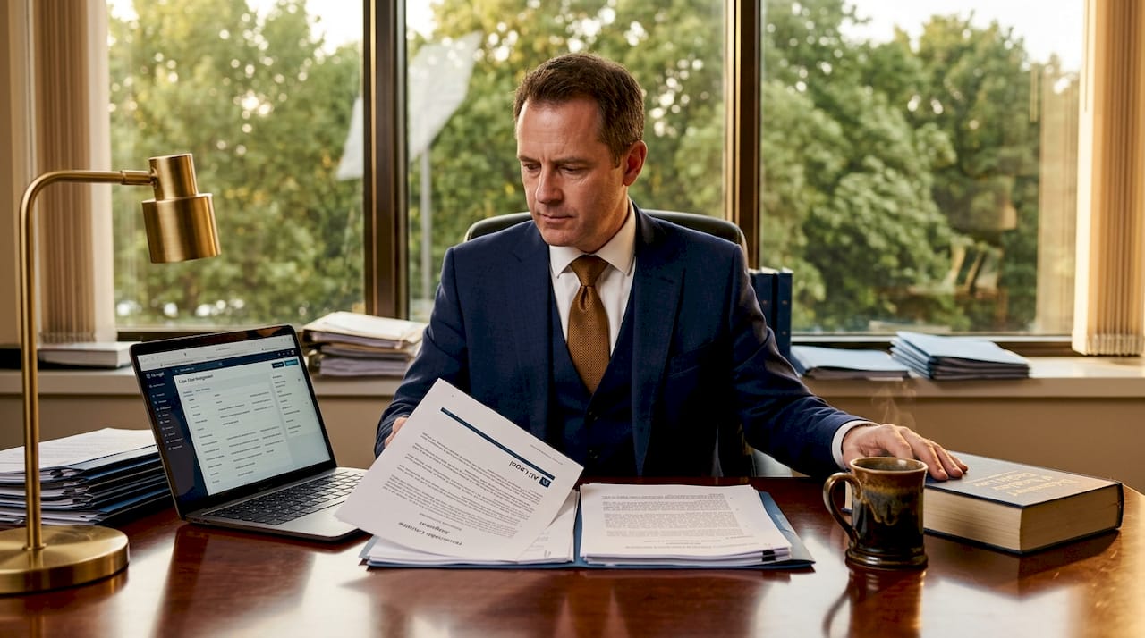 Lawyer reviews foreign judgment documents in office