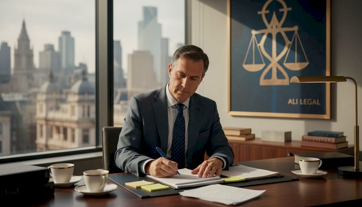Solicitor drafting injunction paperwork in office