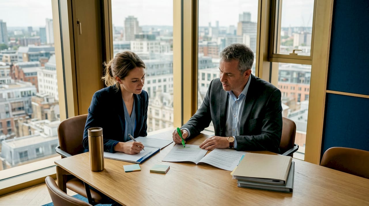 Lawyer and businesswoman reviewing contract clause
