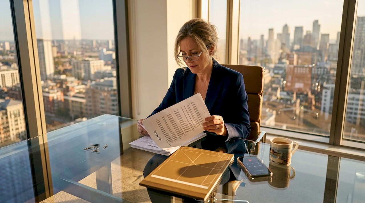 Business owner reading contracts in office