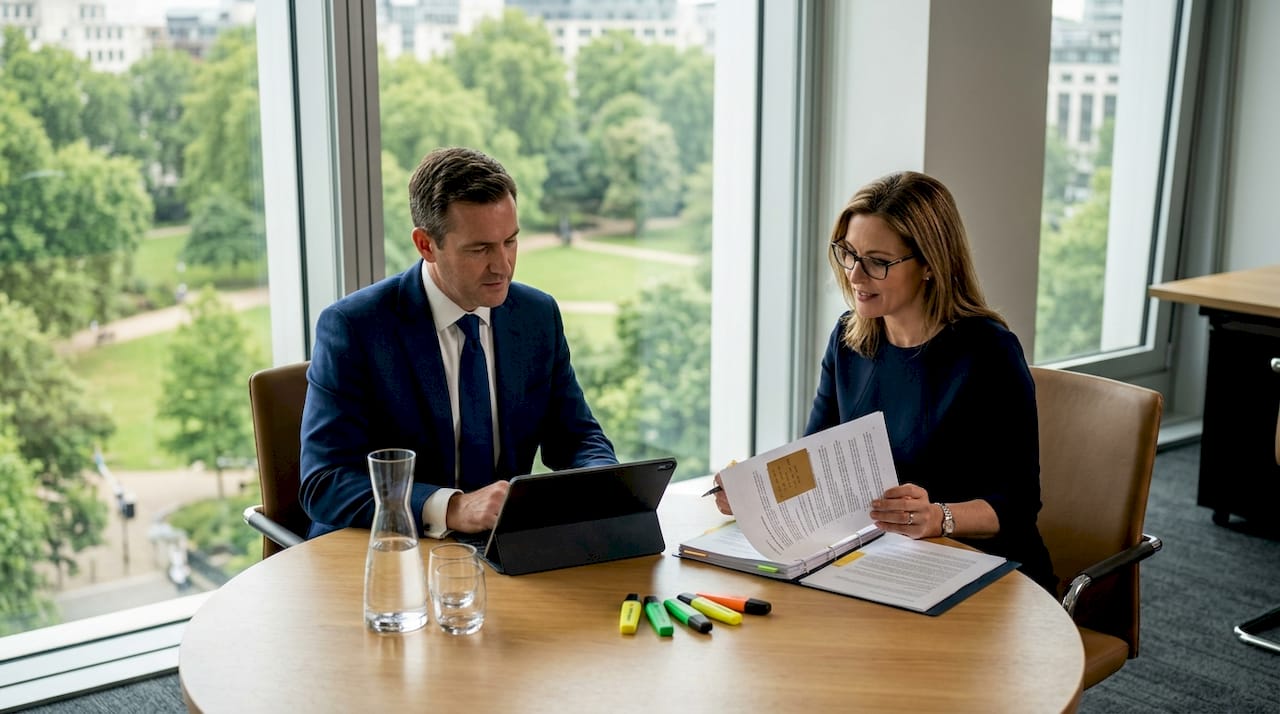 Executives reviewing corporate litigation documents in office