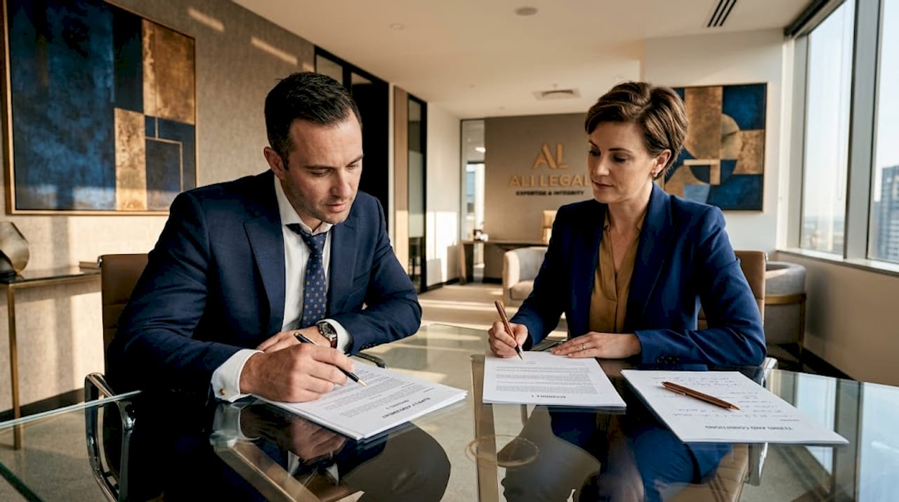 Business owner and solicitor reviewing contract documents