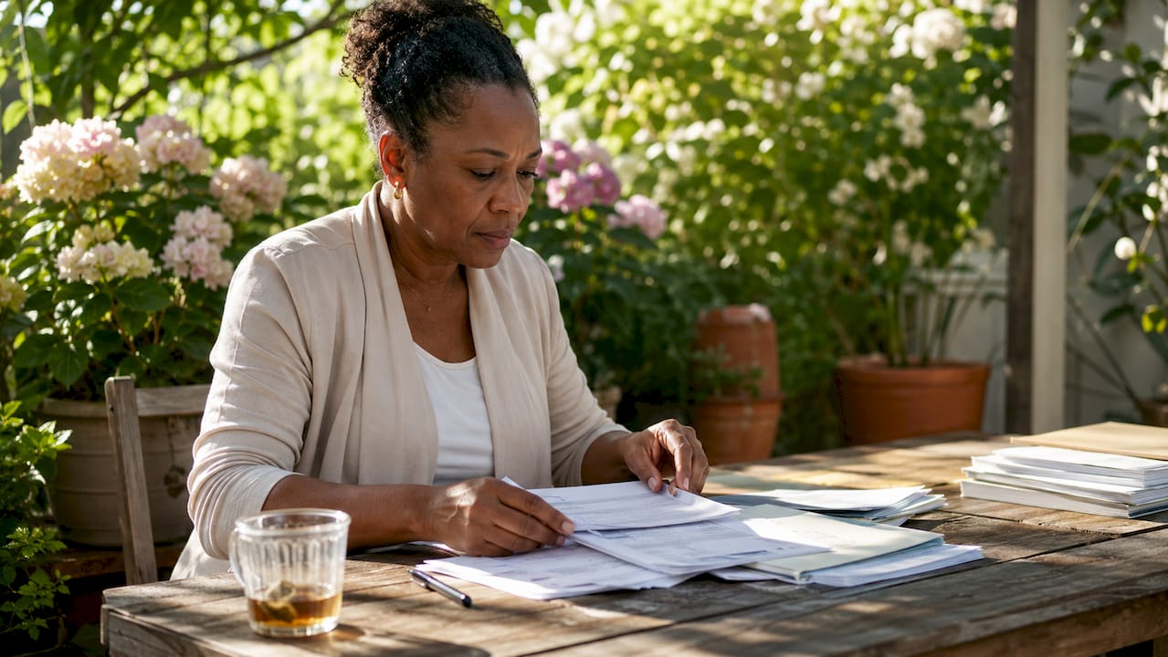 Woman reviewing personal injury claim documents at table