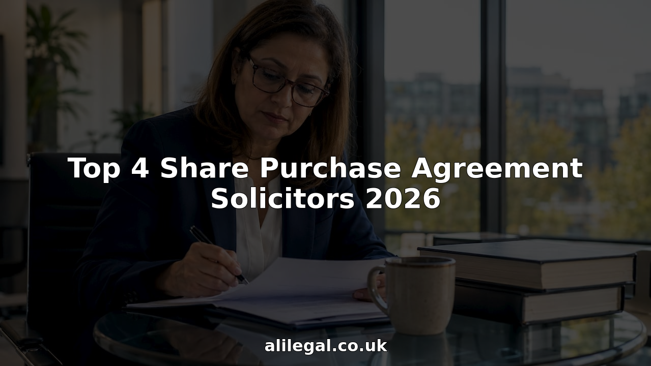 Solicitor reviewing legal share purchase documents at desk