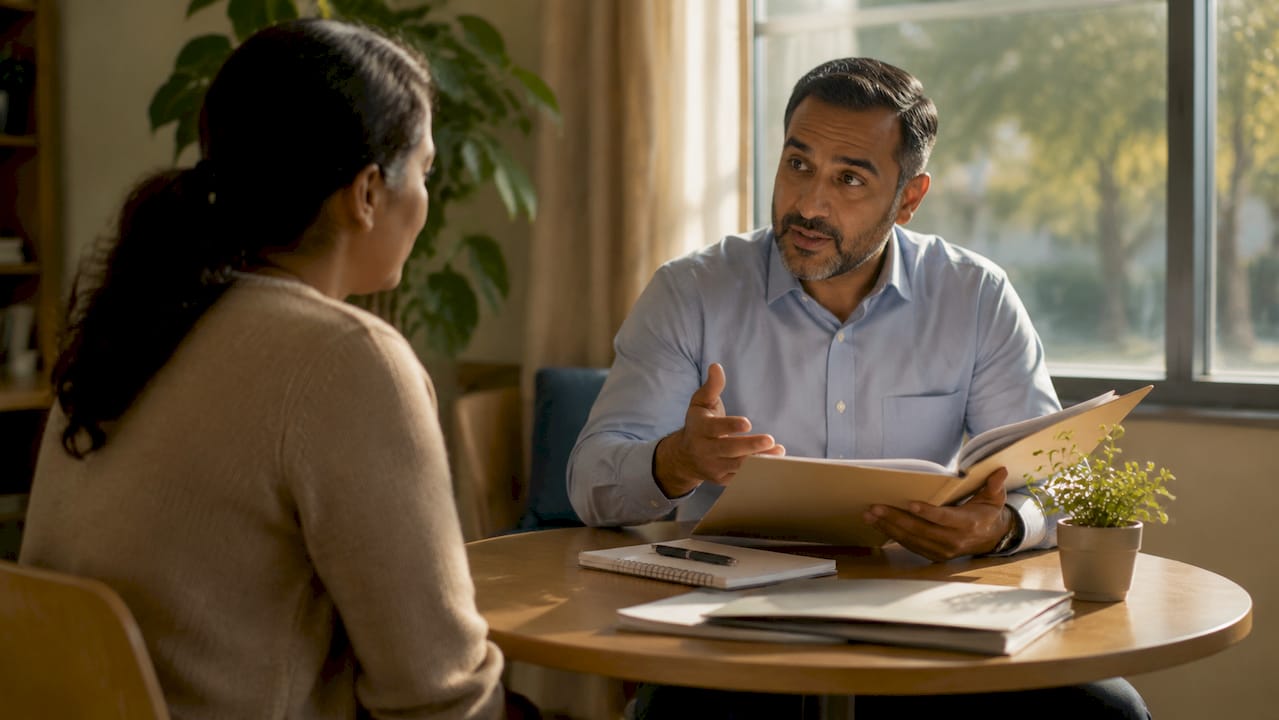 Legal aid client consulting with advisor in office