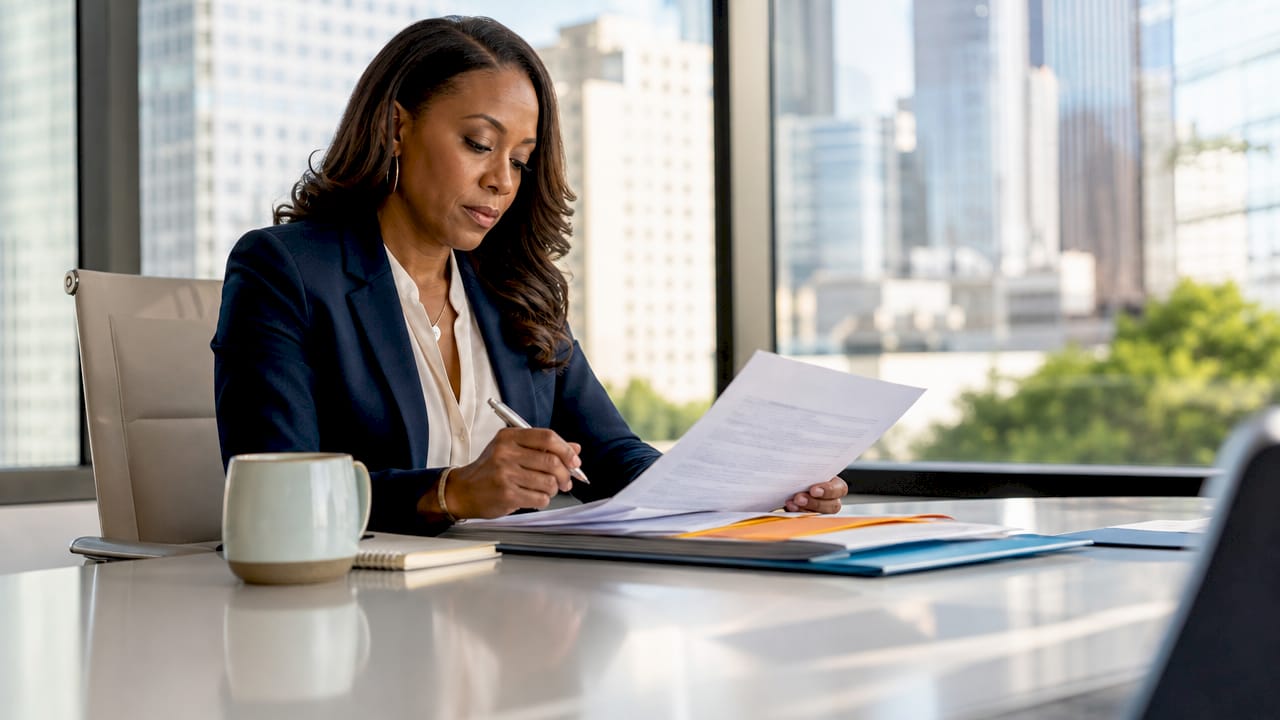 Lawyer reviewing documents at office desk