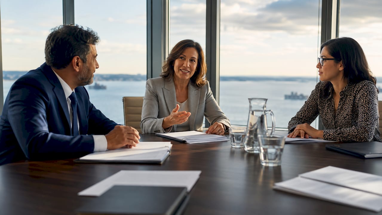 Executives and mediator discussing business dispute