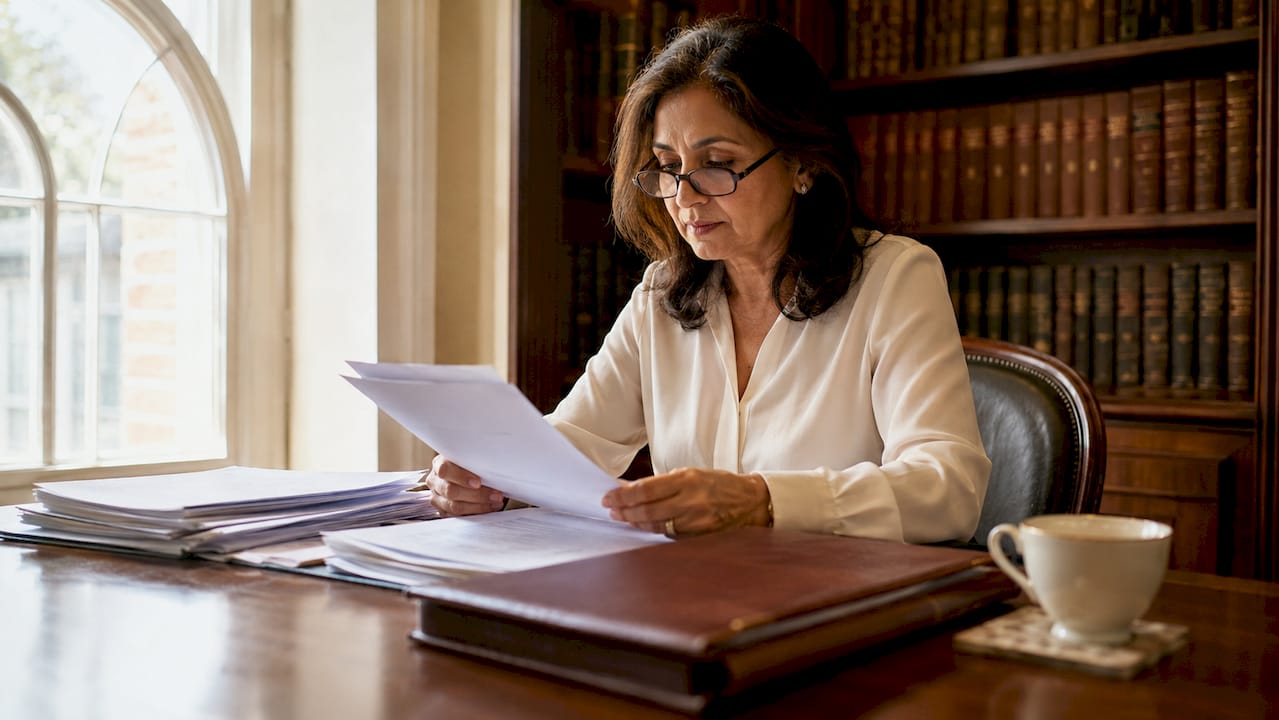 Solicitor reviewing house sale paperwork at desk