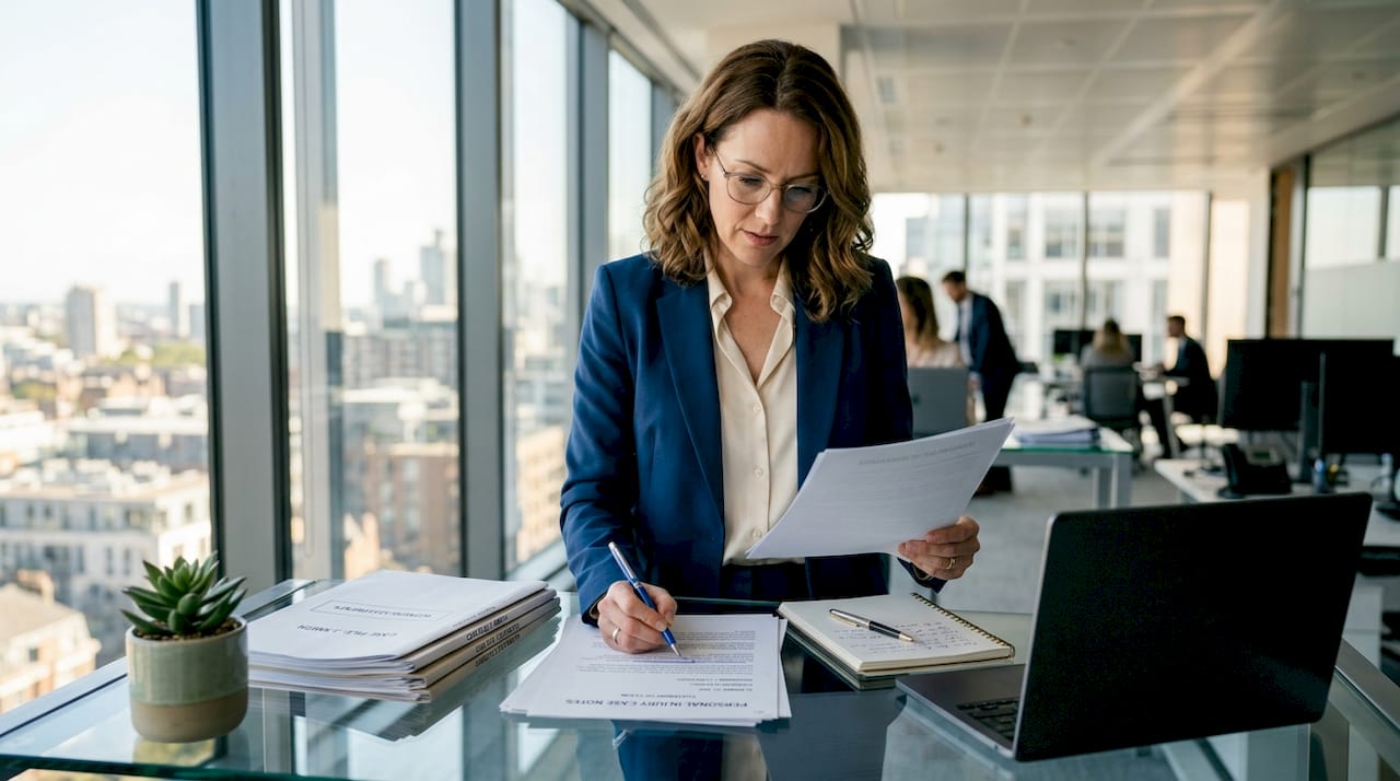 UK solicitor reviewing personal injury case files