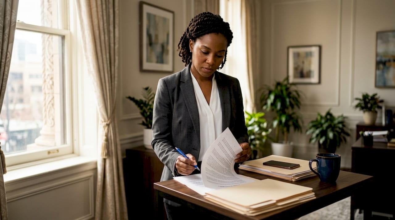 Corporate lawyer reviewing legal contracts