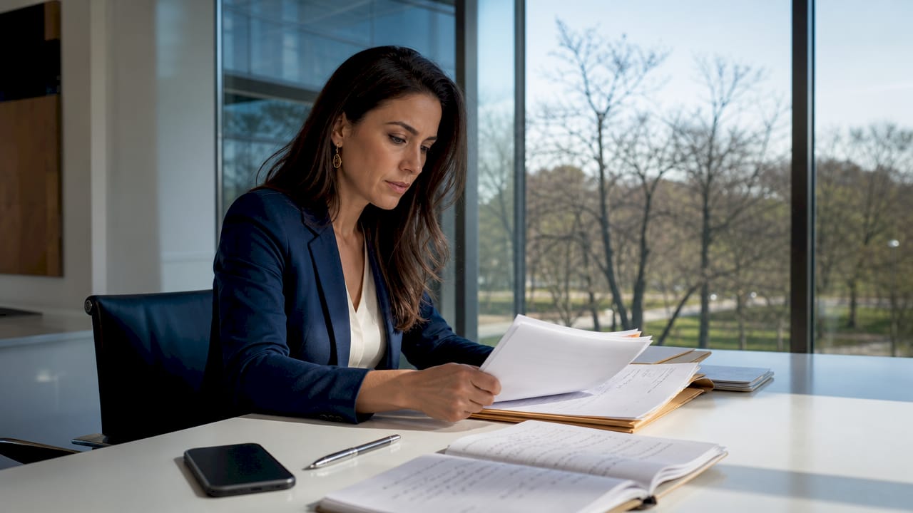 Female lawyer reviewing personal injury case files