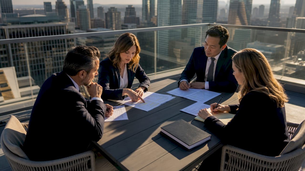 Professionals discussing legal documents in meeting