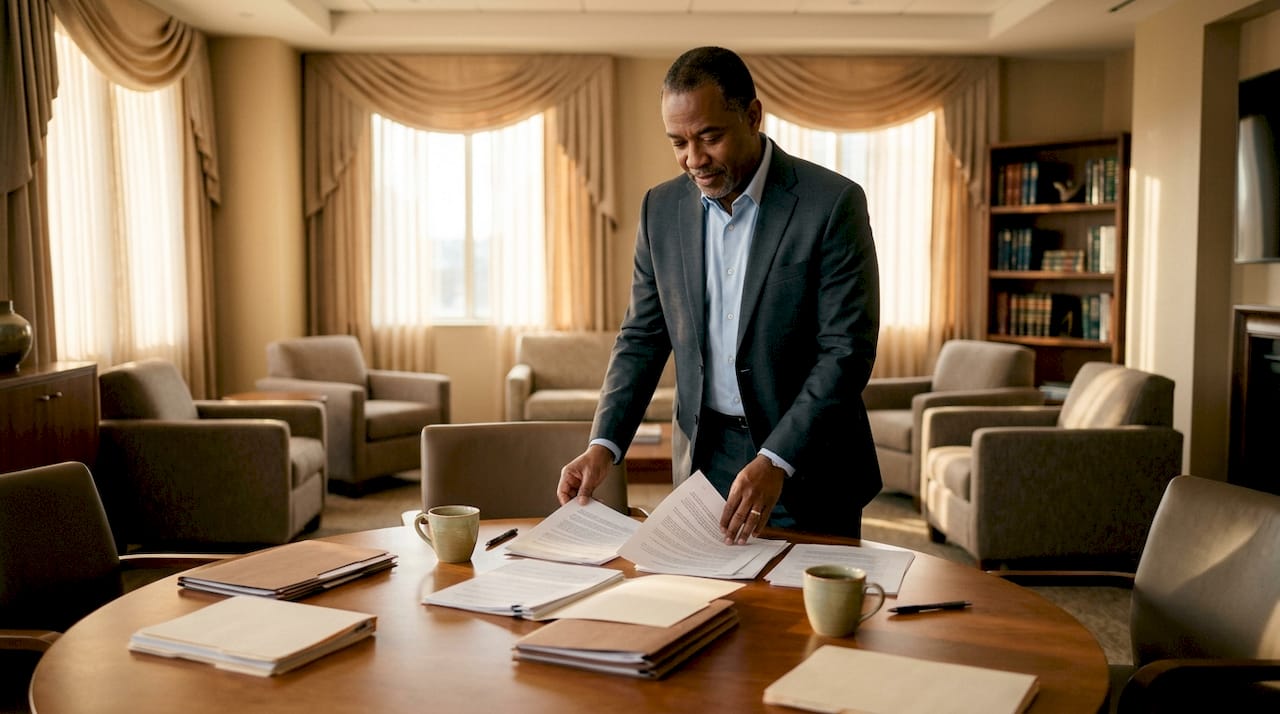 Mediator reviewing dispute documents in office