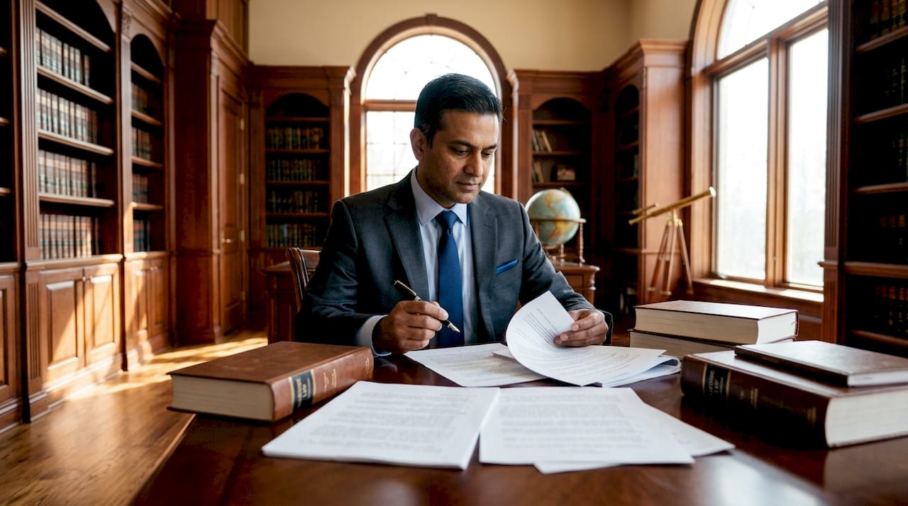 Maritime lawyer reviewing contract in office