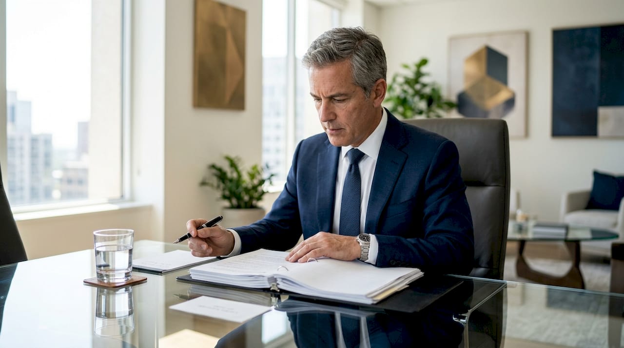 Professional reviewing arbitration documents at desk