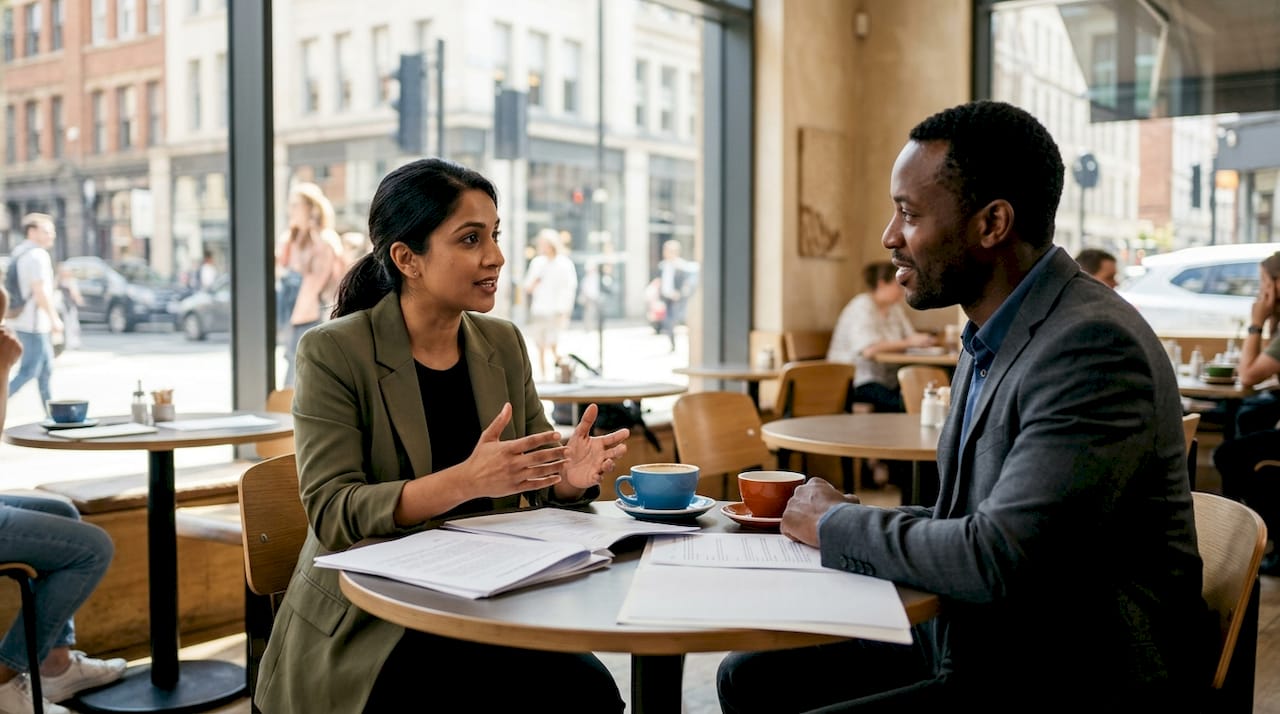 Professionals in mediation session discussing contract dispute
