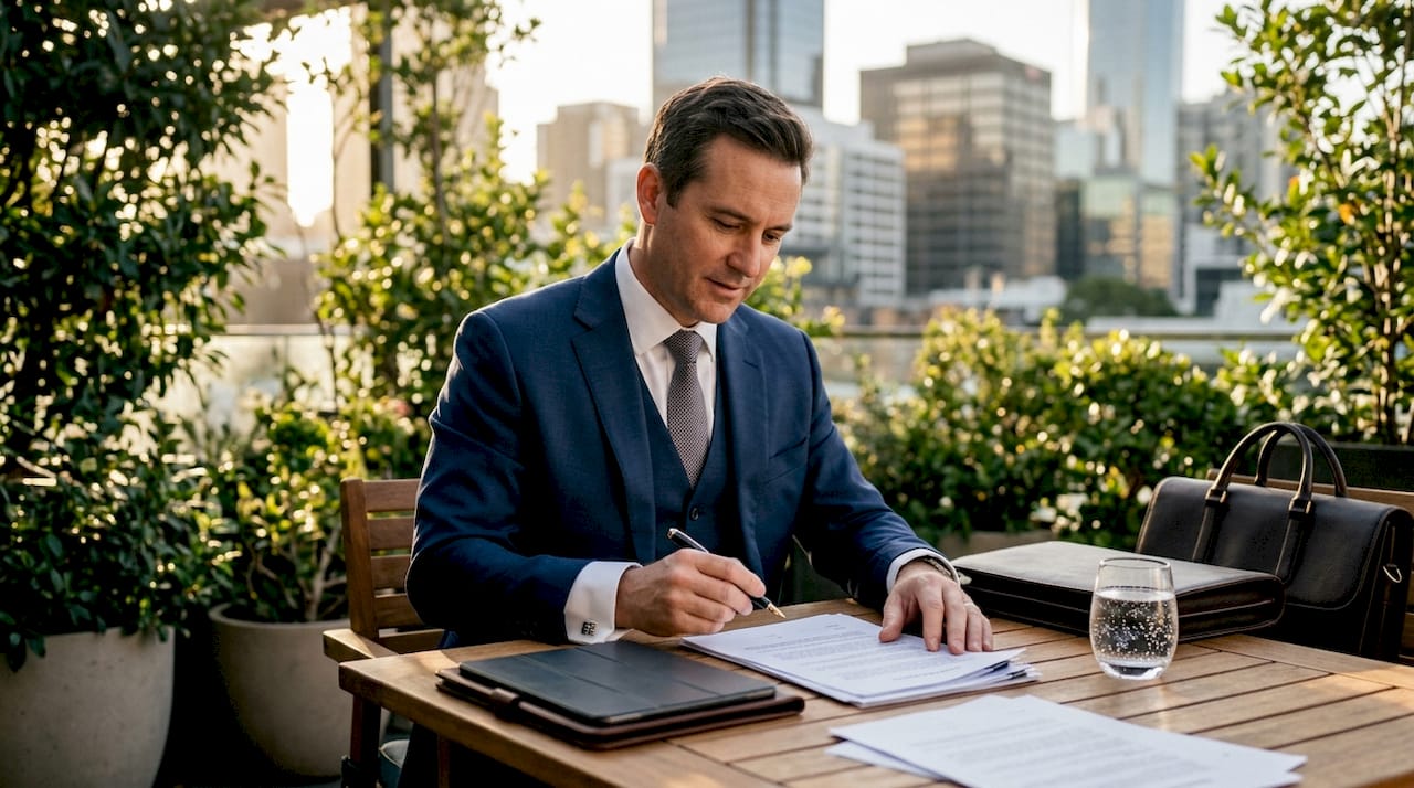 Commercial lawyer reviewing business contracts at desk
