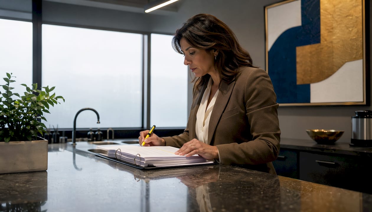 Professional woman reviewing arbitration case documents