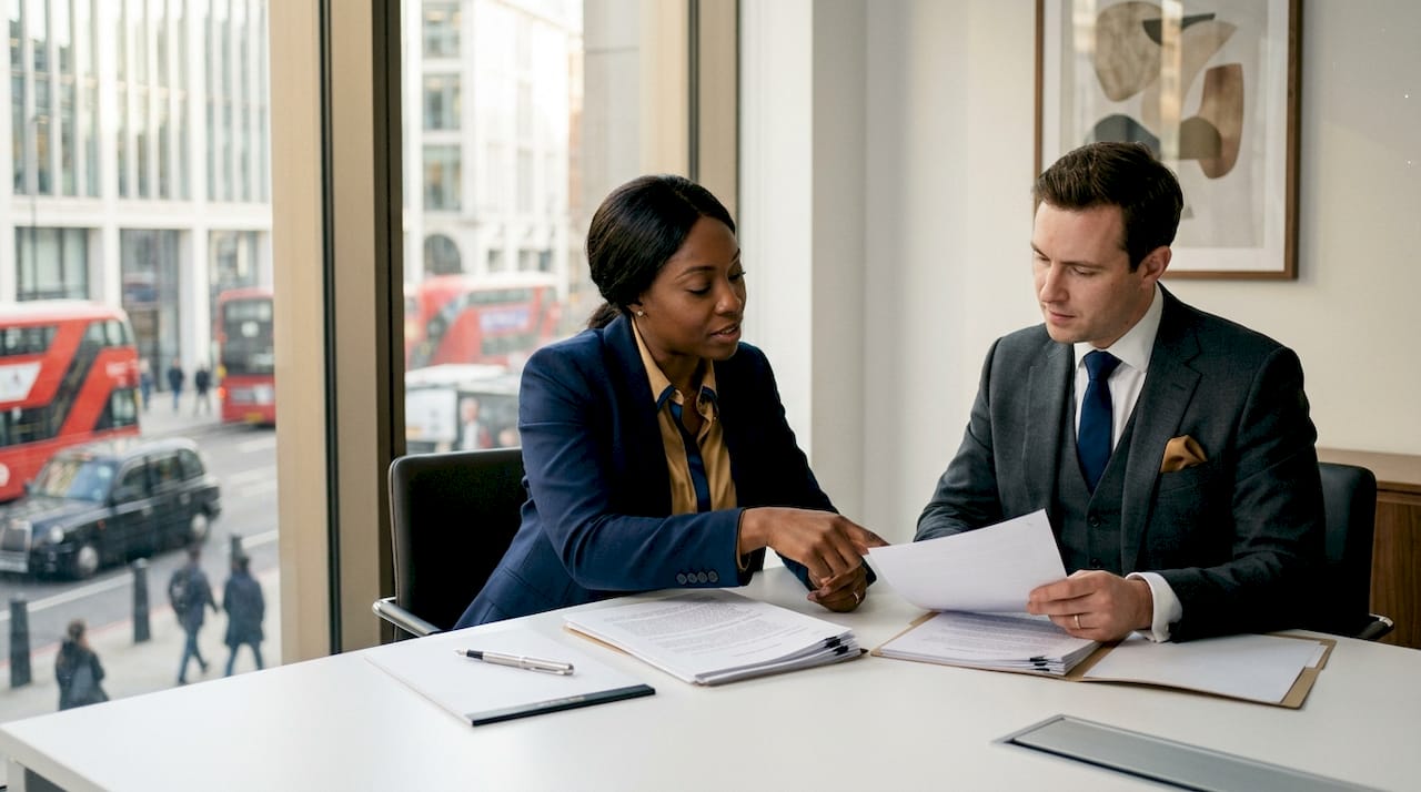 Hands exchanging arbitration submissions in legal chambers