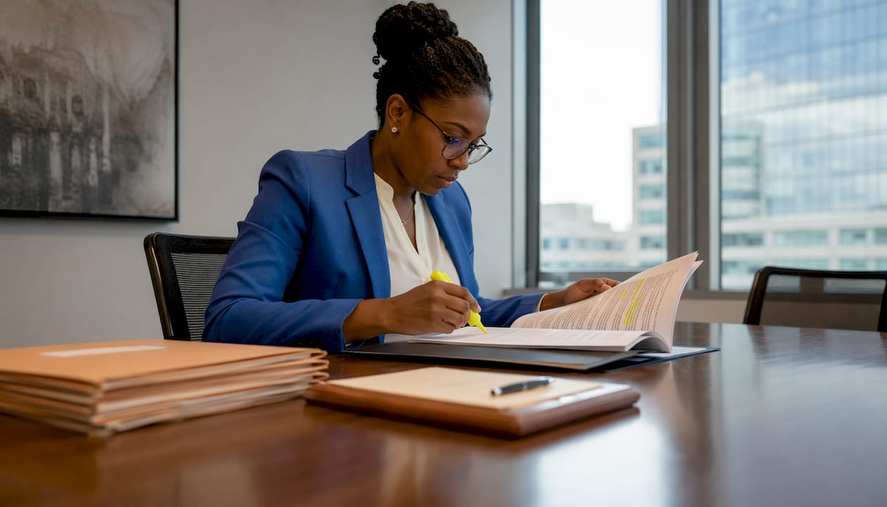 Legal counsel reviewing contract paperwork at desk