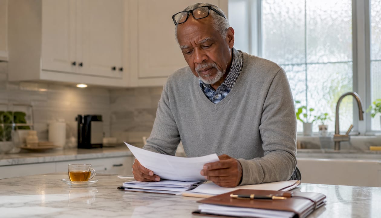 Older man organizing estate paperwork at home desk