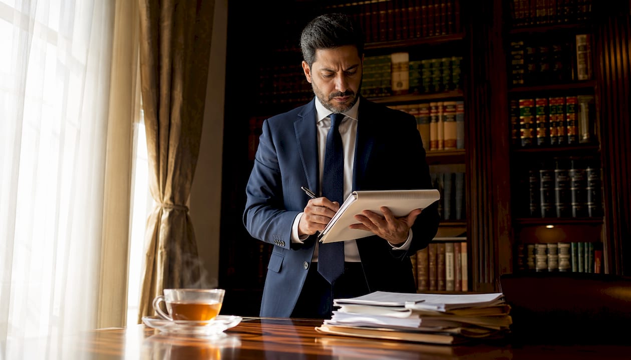 Lawyer writing notes amid arbitration documents
