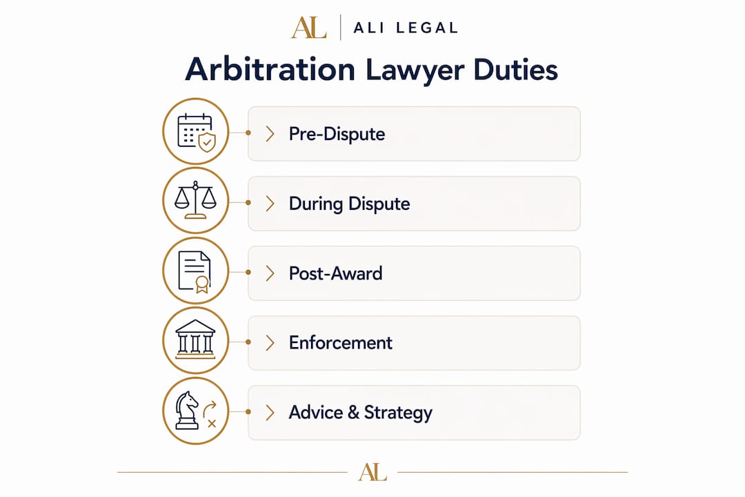 Infographic showing stages of arbitration lawyer duties UK