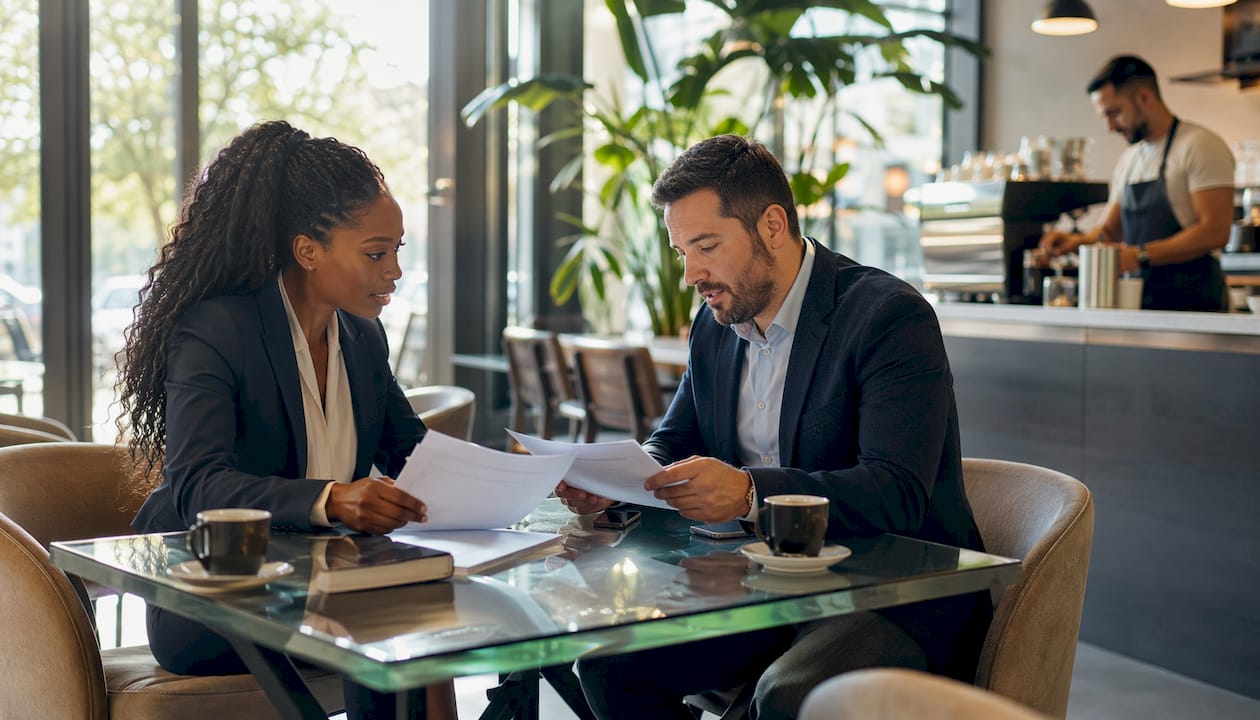 Two professionals exchanging mediation agreements