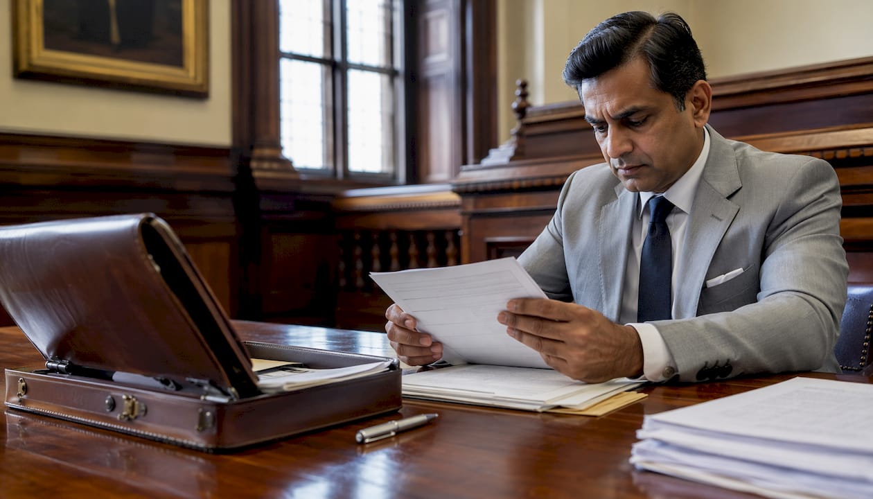Business professional reviewing files in courtroom