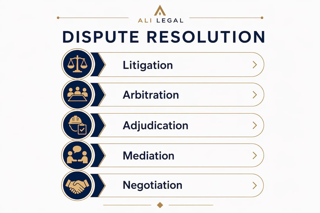 Infographic illustrating UK commercial dispute resolution steps