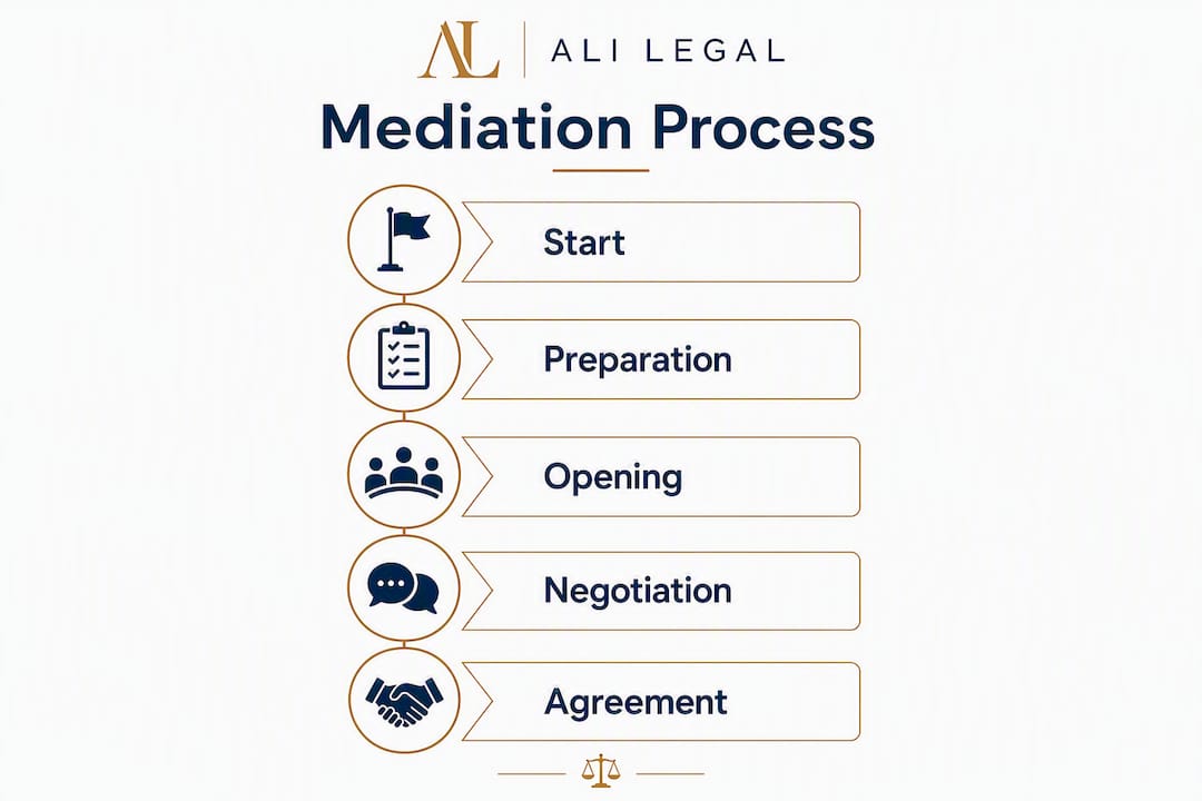 Infographic illustrating five steps of mediation
