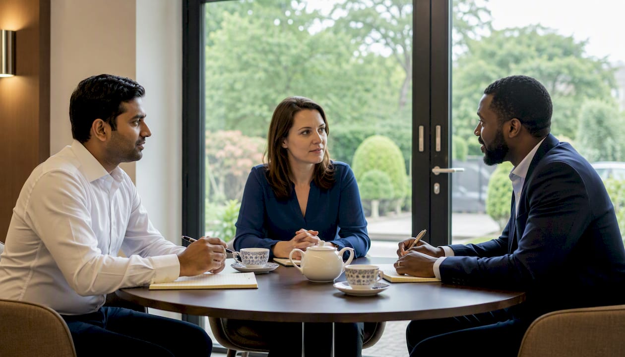 Diverse professionals in UK mediation meeting