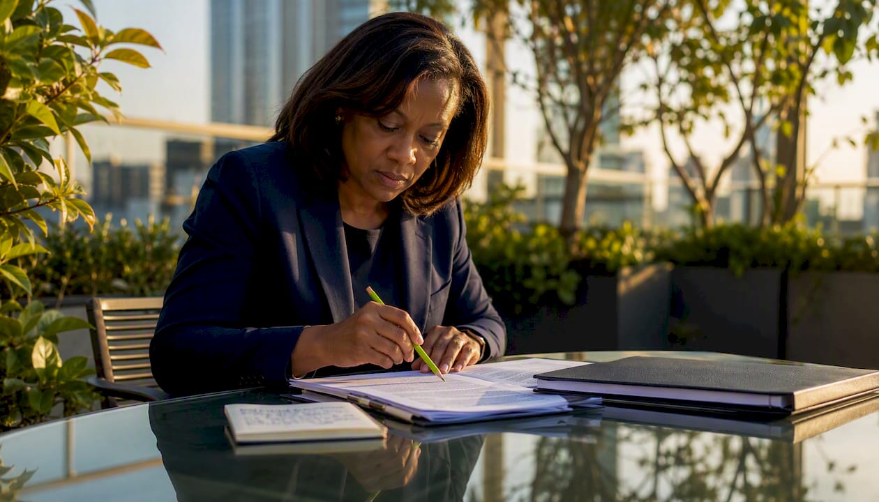 Solicitor reviewing mediation case files in office