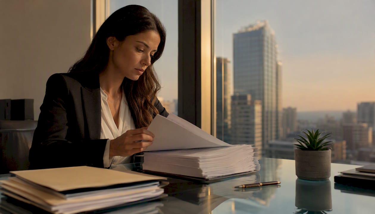 Conveyancer reviewing legal property documents