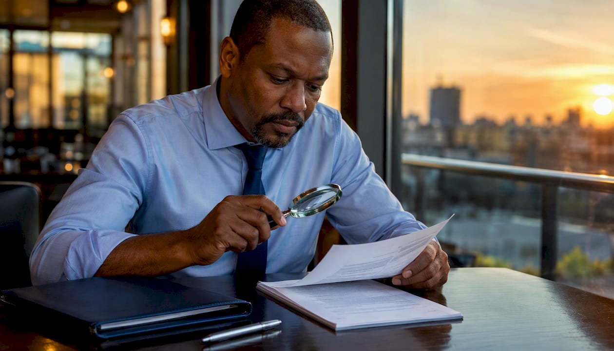 Man examining copyright documents in office