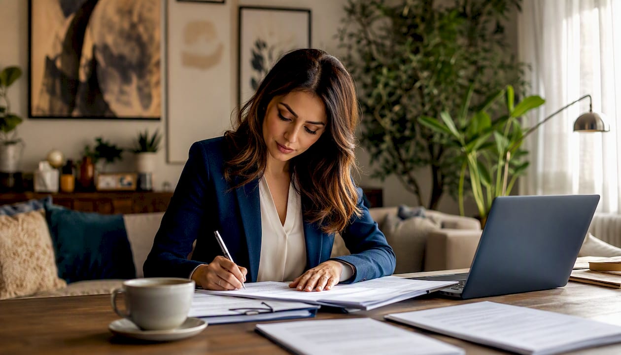 Professional woman conducting IP audit at desk