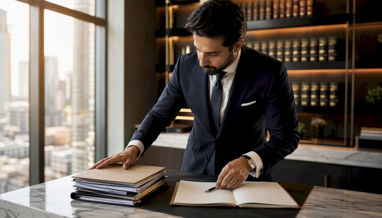 Hands arranging legal client files on desk