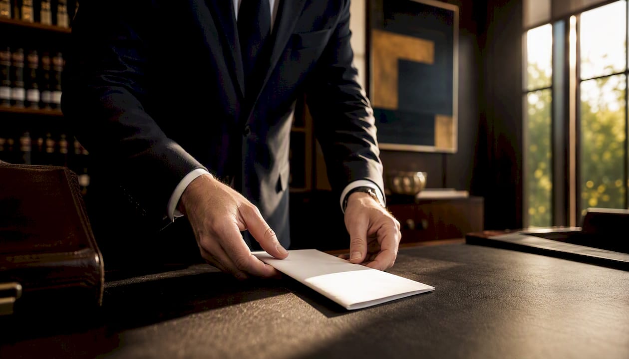 Hands placing blank will document on table