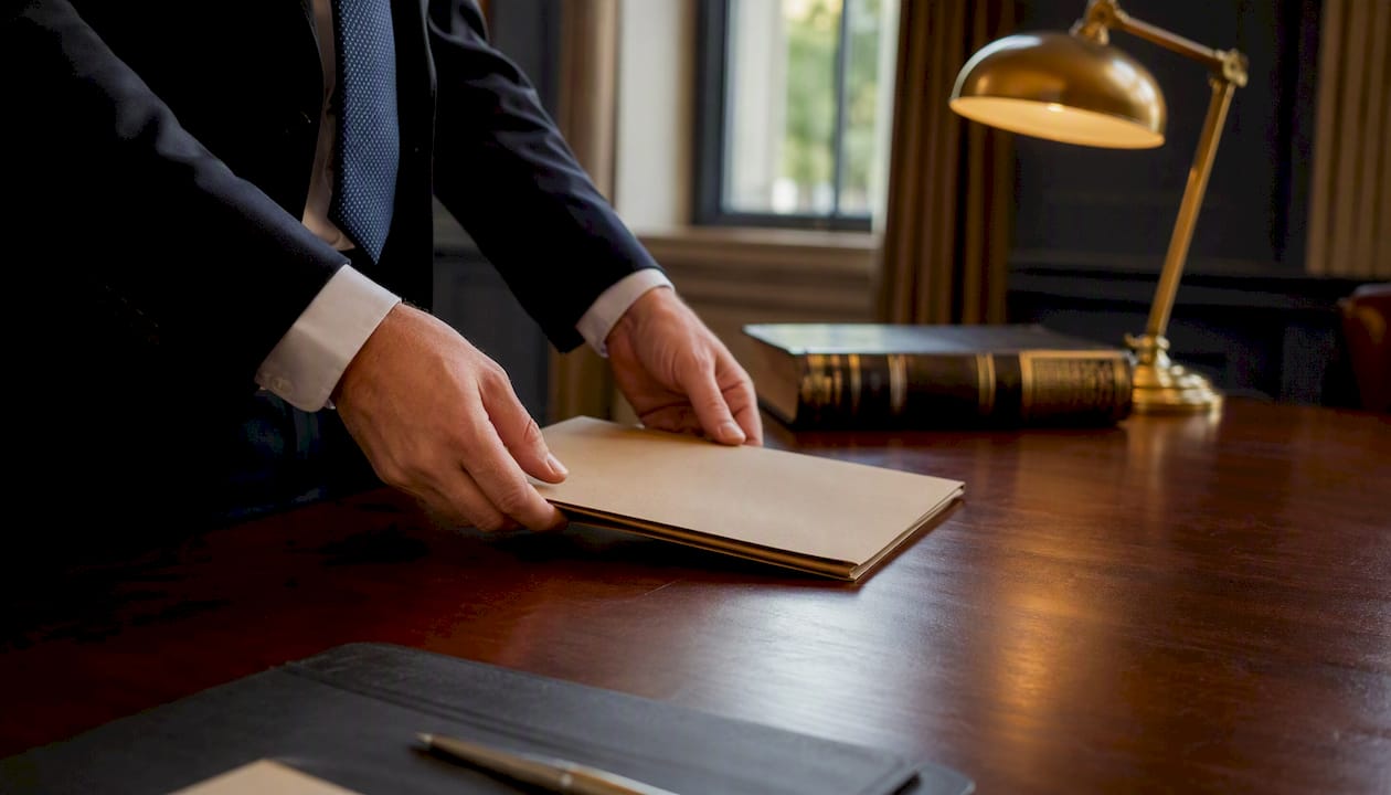 Hands placing mediation agreement folder on table