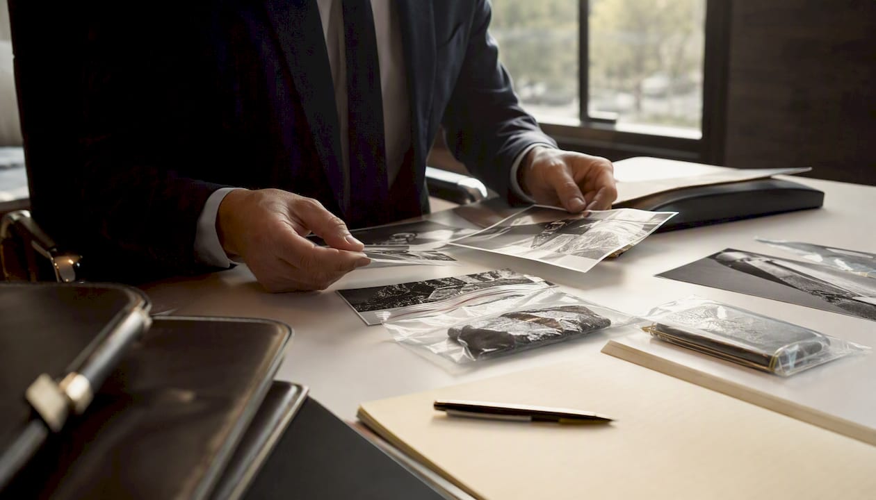Lawyer arranging evidence on desk