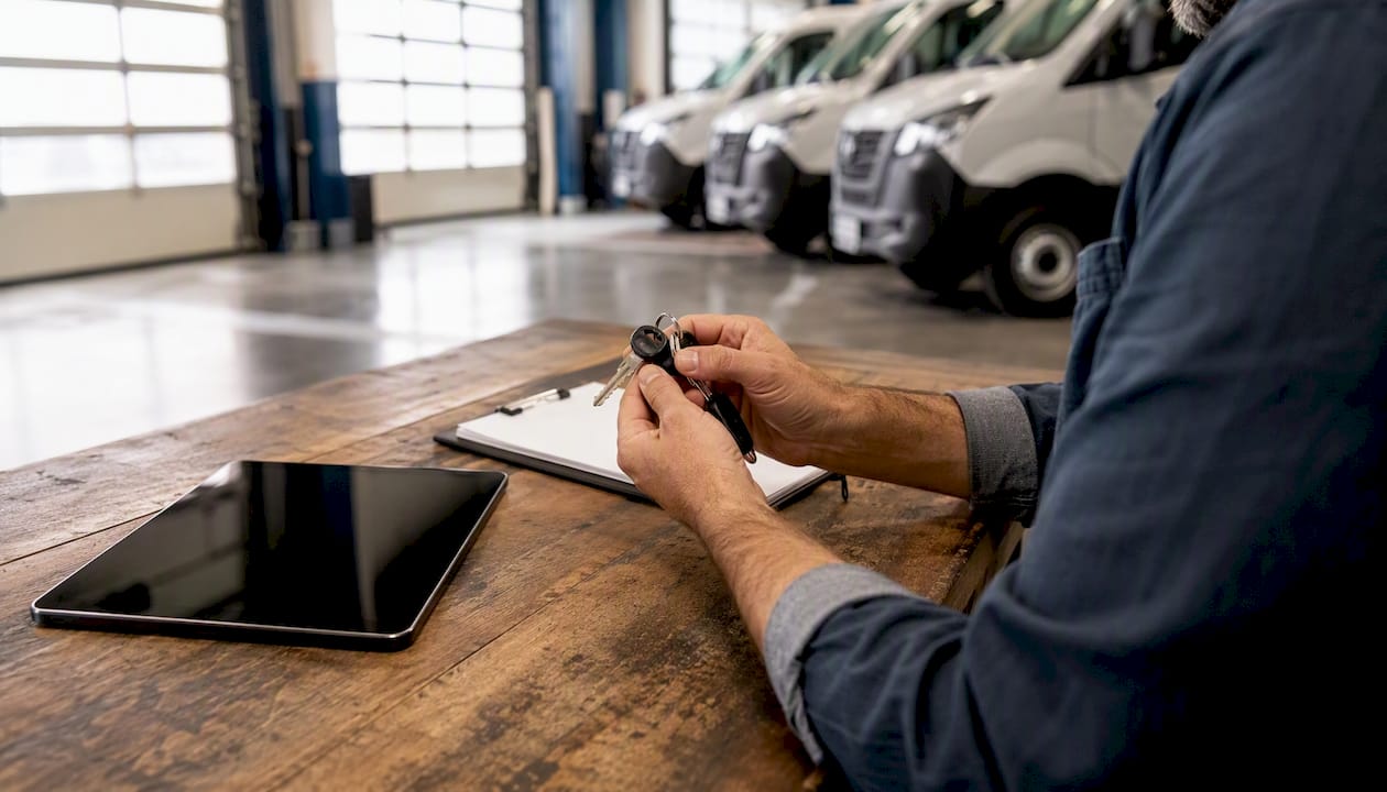Fleet manager's hands and vehicle keys on bench