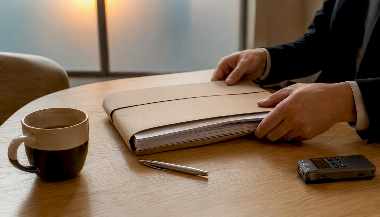 Mediator adjusting notes on table