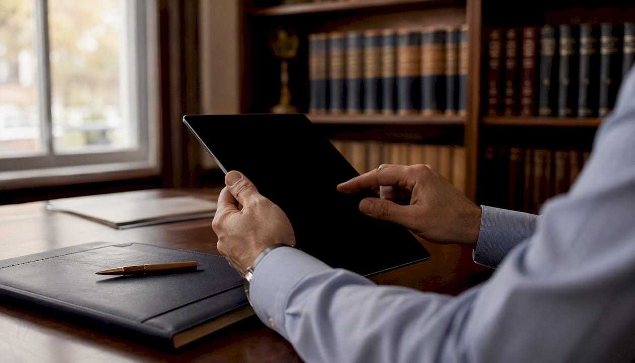Hands managing compliance records on tablet