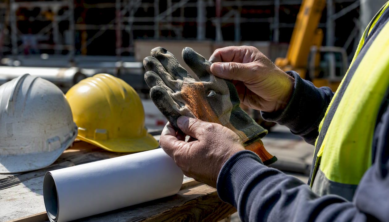 Worker inspecting safety gloves close-up