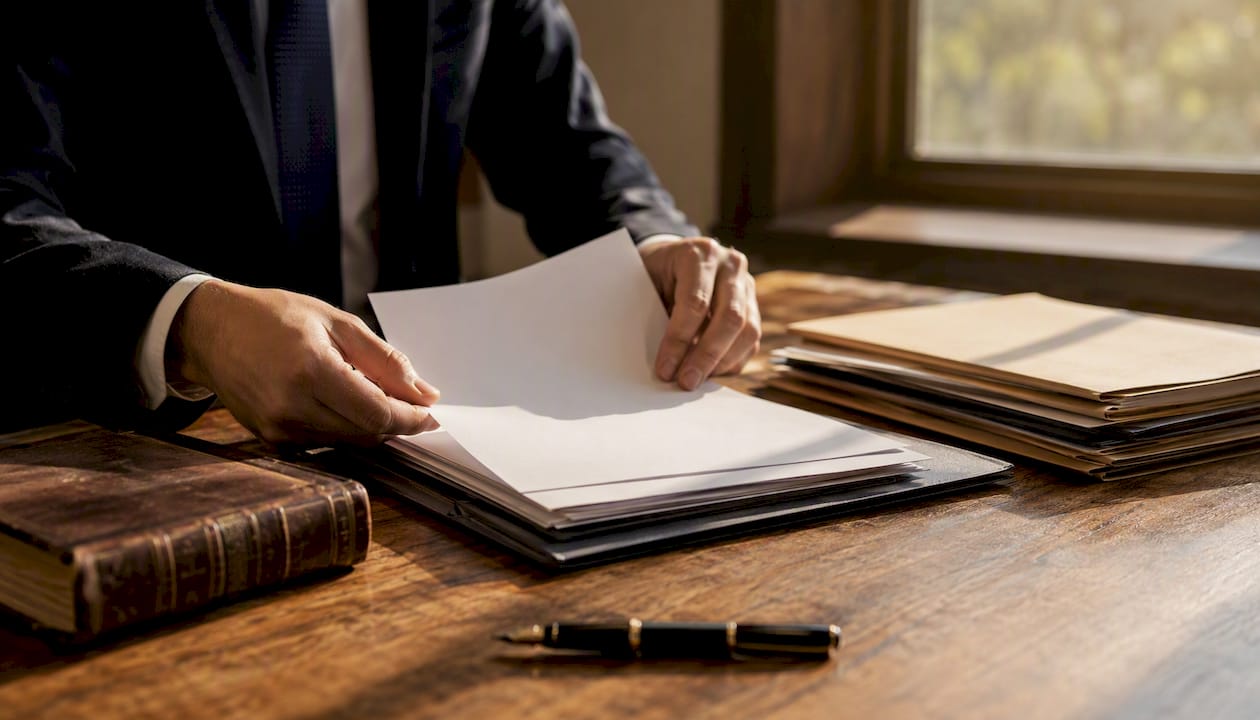 Lawyer arranging will trust documents on desk