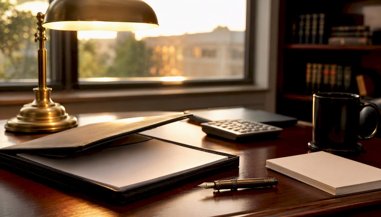 Solicitor’s desk with legal documents and pen
