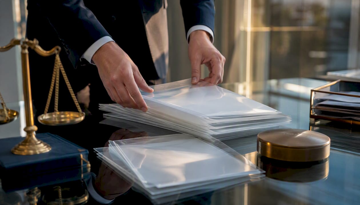 Hands sorting conveyancing folders on desk