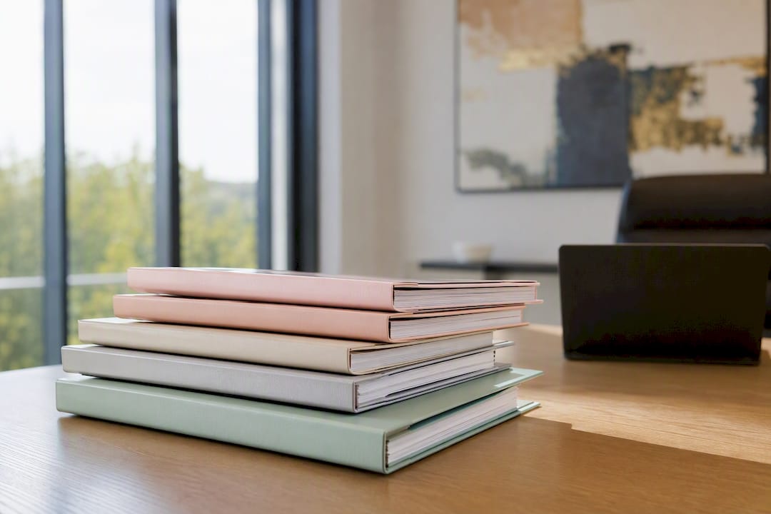 Legal credentials folders on office desk