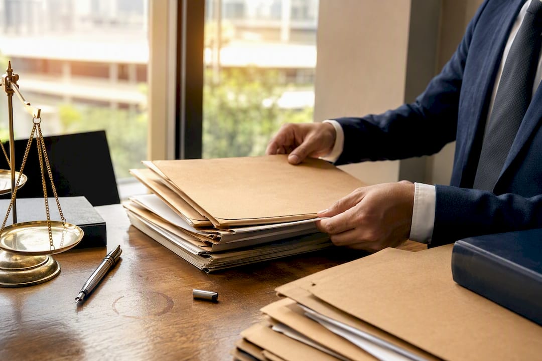 Hands arranging legal folders on office desk
