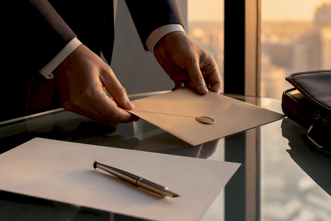 Hands sealing arbitration agreement envelope